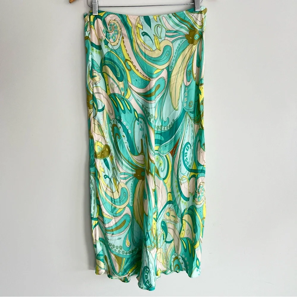 ZARA Sea Green Spring Multicolor 100% Viscose A Line Side Zip Midi Skirt Sz L